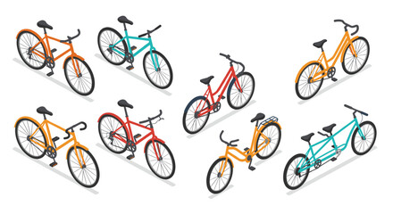 Isometric bicycles collection: variety of colorful styles and designs