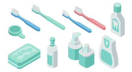 Isometric dental care set: toothbrushes, toothpaste, mouthwash, and gum care essentials
