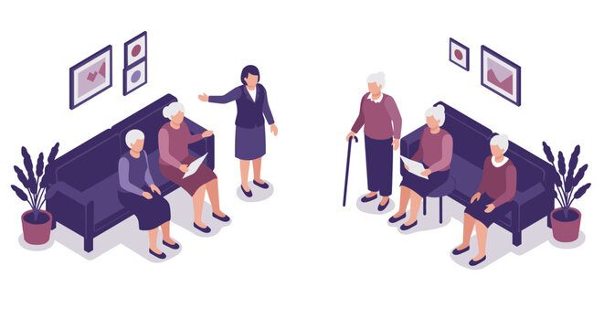 Seniors engaging in technology and socializing in an isometric living room scene