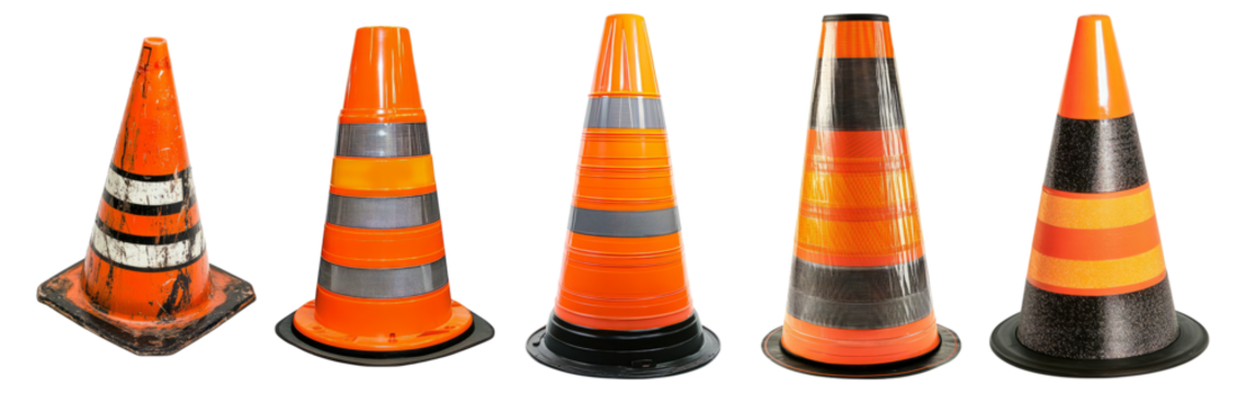 Various Traffic Cones for Safety and Road Management Use, Isolated on Transparent, white background