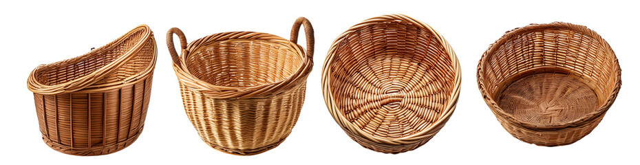 Beautiful set of handwoven wicker baskets in various shapes isolated on transparent background