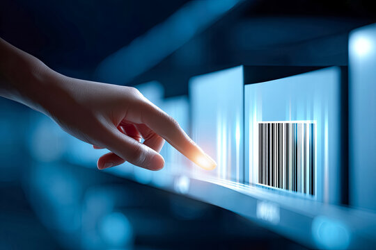 Hand interacting with digital barcode on a futuristic interface with glowing elements and technology