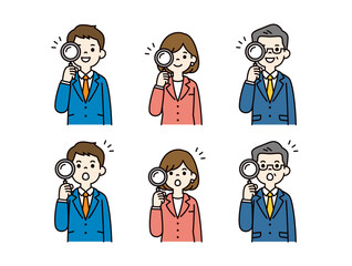 虫眼鏡で、探す・調べる・分析するビジネスパーソンの上半身ベクターイラスト素材セット＿カラー