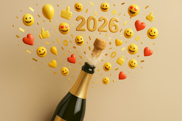 Champagne bottle popping with festive emojis celebrating the New Year 2026 and joyful moments
