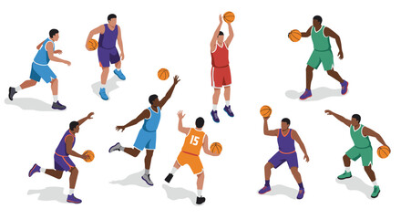 Dynamic isometric basketball players engaged in exciting game on white background