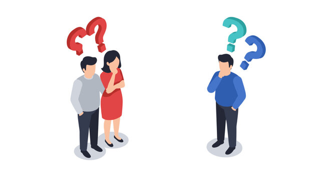 Isometric people with question marks: problem solving and decision-making concept