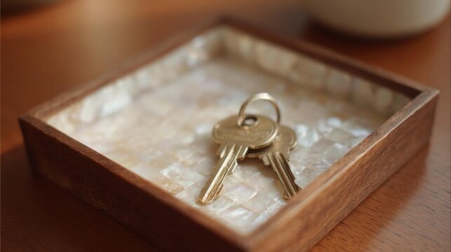 Small wooden box with a keychain inside. the keychain is made of metal and has a keyring attached to it.