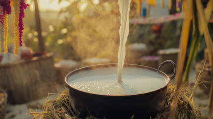 Milk boiling in traditional pot during Pongal celebration