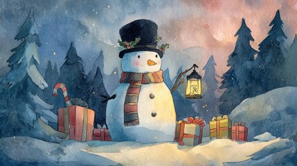 Charming snowman with festive scarf and top hat in a snowy winter forest scene with gifts and lantern