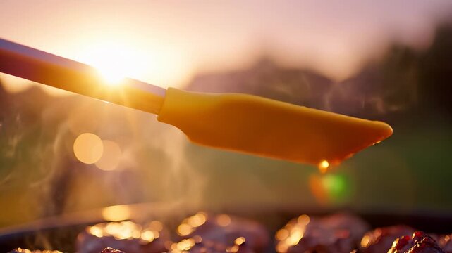 A bright yellow spatula rests beside sizzling meat on a barbecue grill, capturing the warm glow of the sunset. The spatula and grill combine to create a lively outdoor cooking scen