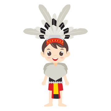 Vector flat illustration. Cute Malaysian Sarawakian boy wearing traditional attire called Baju Iban
