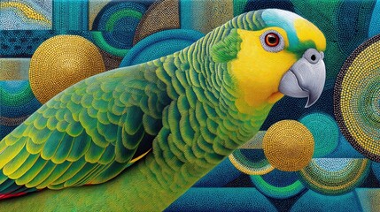 A close-up of a green parrot with a yellow head and blue markings, set against a colorful, abstract background composed of circular and square mosaic patterns.