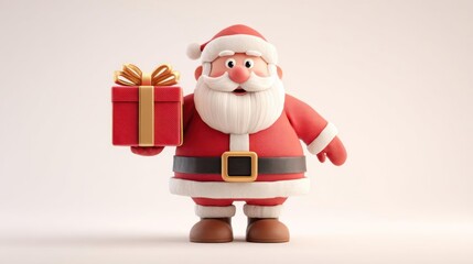 Charming 3d cartoon santa claus character holding a bright red christmas gift with a golden bow