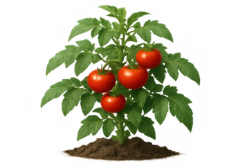 Tomato plant growing in soil with four ripe red tomatoes and green leaves, transparent background