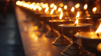 Brass oil lamps in temple glowing during Diwali evening