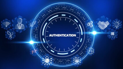 Digital concept of authentication with glowing icons and central text technology security
