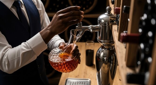 Sommelier serving aged whiskey — expert pouring into crystal decanter, luxury bar atmosphere - Powered by Adobe