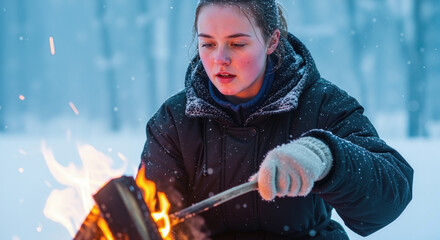 A young woman in a winter jacket and gloves tends a bright campfire, its warm glow contrasting with the snowy background.
