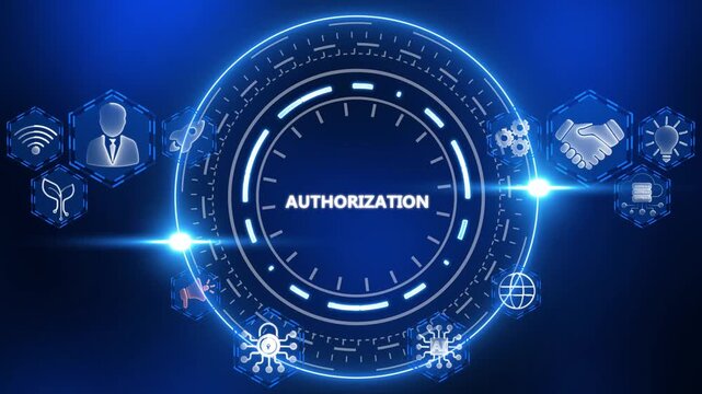 Digital concept of authorization with glowing icons and central text technology security