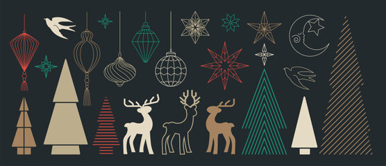 Fototapeta na wymiar Christmas and Happy New Year vector mid century line art illustration set with festive elements in black with gold and red tones — elegant design for greeting cards