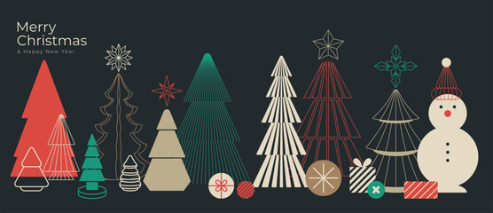 Obraz premium Christmas and Happy New Year vector mid century line art illustration set with festive elements in charcoal grey with red and mint tones — elegant design for greeting cards