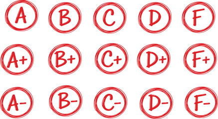 Hand drawn letter grade circle set with plus and minus