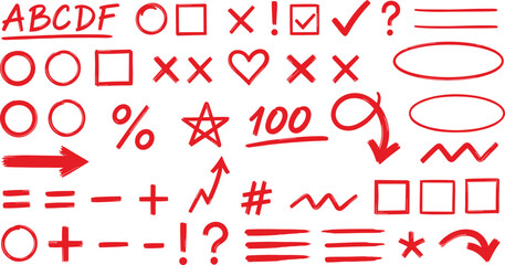 Hand drawn red correction marks and symbols for editing and highlighting