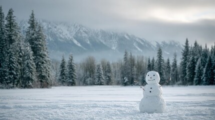 Lone snowman stands in a vast snowy landscape with frosted pine trees and distant misty mountains under a cloudy sky
