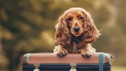 A playful dog rests on an orange suitcase placed on a car roof, surrounded by lush greenery on a sunny day, ready for an exciting journey ahead with its owner.
