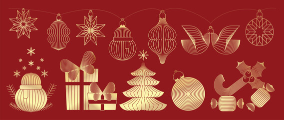 Christmas and Happy New Year vector mid century line art illustration set with festive elements in deep red and gold tones — elegant design for greeting cards