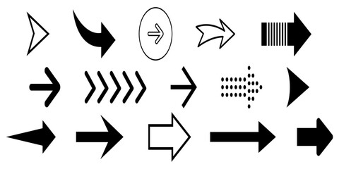 Set of black arrow icons. Various packaging symbols. Motion pointers. Site and player control buttons. Flat style logos. Information pointers. Wayfinding directions. Modern simple vector arrows.