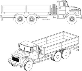 Vector sketch illustration silhouette design image of industrial vehicle material transport truck 3d perspective and side view