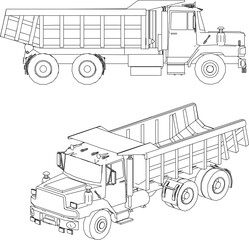 Vector sketch illustration silhouette design image of industrial vehicle material transport truck 3d perspective and side view