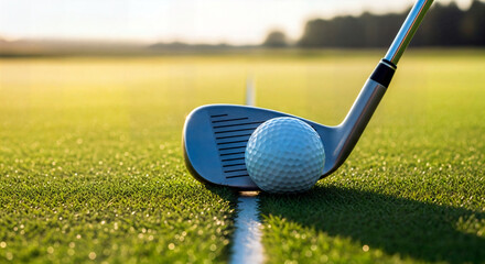 Golf scene at dawn: ball and iron on lush grass — preparing for a swing, sports and leisure imagery
