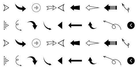 Set of black arrow icons. Various packaging symbols. Motion pointers. Site and player control buttons. Flat style logos. Information pointers. Wayfinding directions. Modern simple vector arrows.