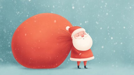 Charming cartoon santa claus with a giant red sack of gifts standing in a gentle snowfall