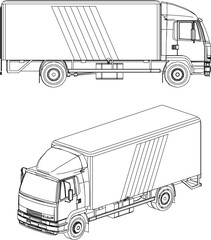 Vector sketch illustration silhouette design image of industrial vehicle trailer truck with rear container for industrial side view and 3d perspective
