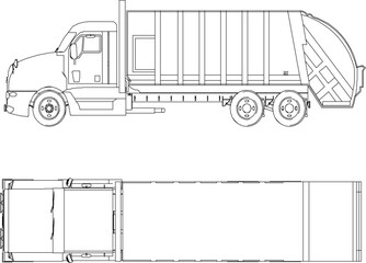 vector sketch illustration silhouette design image of industrial vehicle trailer truck with rear container for industrial side and top view