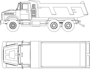 vector sketch illustration silhouette design image of industrial vehicle material transport truck top and side view 