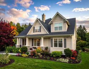 A charming, two-story house with a beautifully landscaped yard. Colorful flowers and trees surround the beige-colored home under a cloudy sky