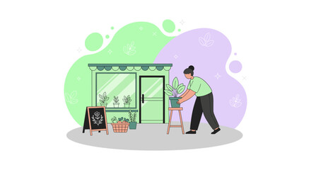 A woman tends to plants outside a flower shop, arranging flowers and greenery for customers to enjoy and admire the beauty.