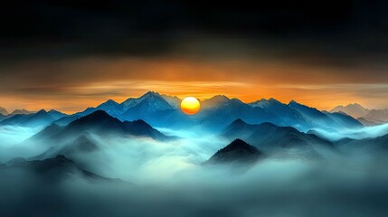 A breathtaking sunrise illuminates a vast mountain range shrouded in ethereal mist, creating a dramatic and serene landscape.