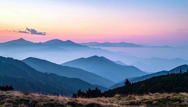 Layered blue mountain ranges fade into the distance under a soft pink and blue sunrise sky, with dry grass in the foreground.