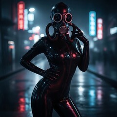 A person in a form-fitting, shiny bodysuit and gas mask stands confidently on a neon-lit, wet street