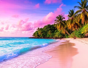 A tropical paradise beach with white sand, palm trees, azure sea, and pink clouds