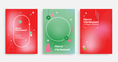 Merry Christmas greeting cards featuring vibrant colors and festive designs. Joyful elements like trees, circles, and patterns create cheerful