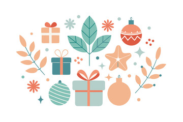 Pastel holiday illustration featuring Christmas gift boxes, ornaments, ribbons, and greenery. Cozy festive artwork perfect for seasonal decor, greeting cards, winter ads, and holiday campaigns.