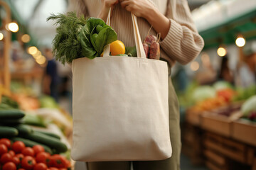Woman holds a blank canvas tote bag filled with fresh produce at a bustling market in the afternoon