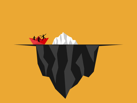businessmen in the paper boats fail to see the dangers beneath the iceberg