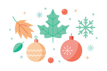 Whimsical Winter Holiday Ornaments and Leaves With Soft Pastel Christmas Decor and Festive Snowflakes Design